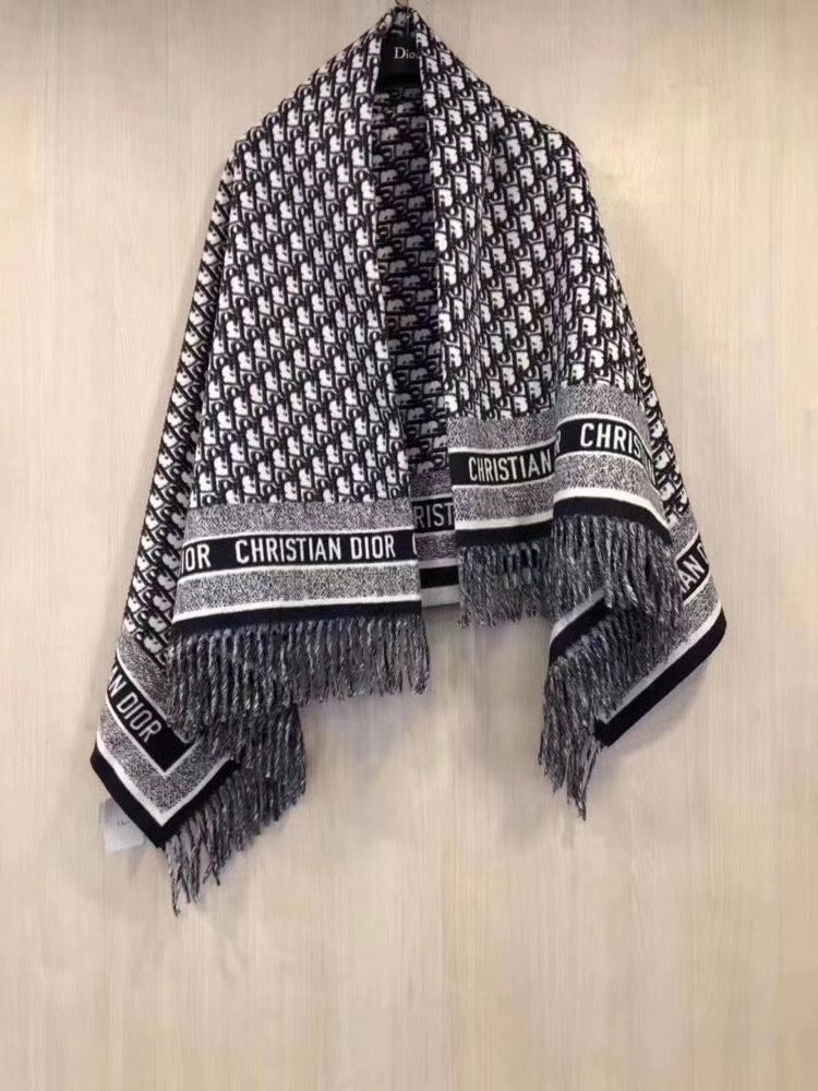 Dior Navy Blue & Ivory Fringed Scarf — front