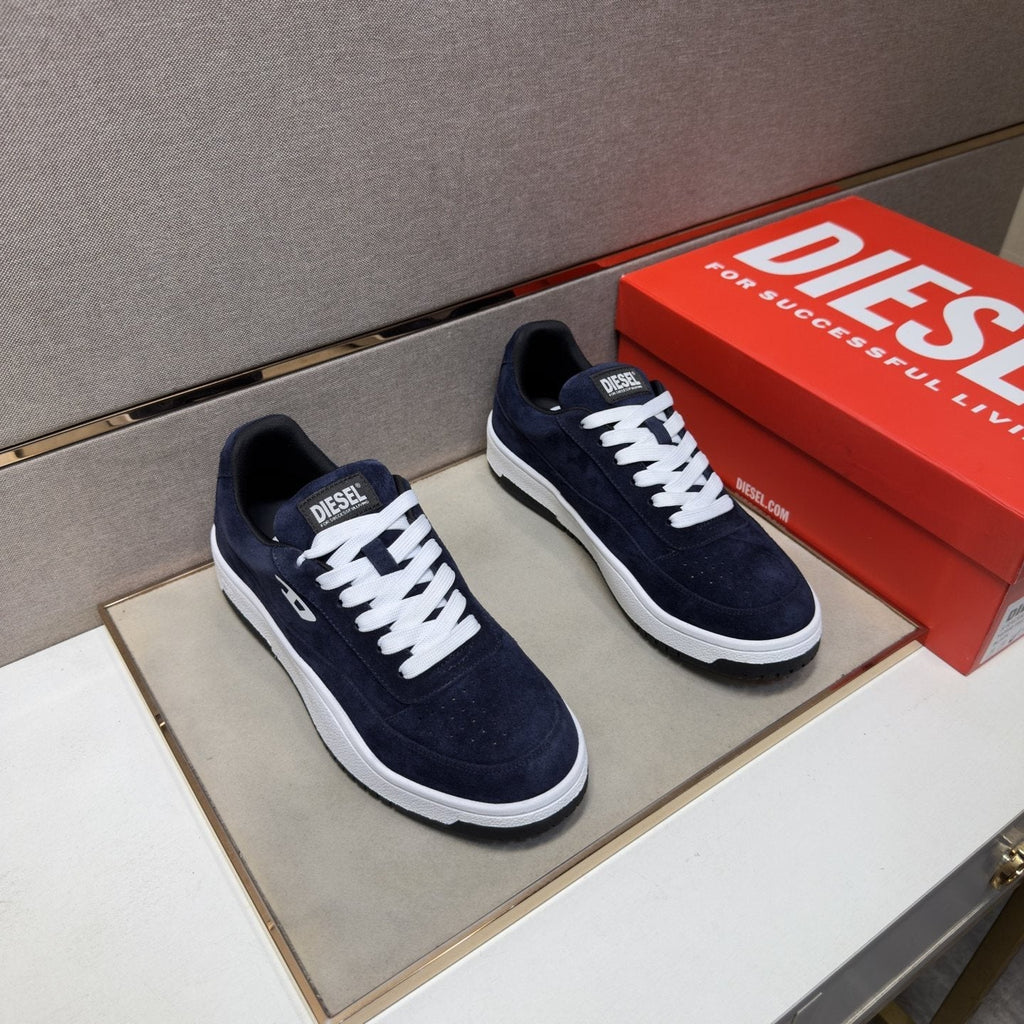 DIESEL Navy Blue and White Low-Top Sneakers — front