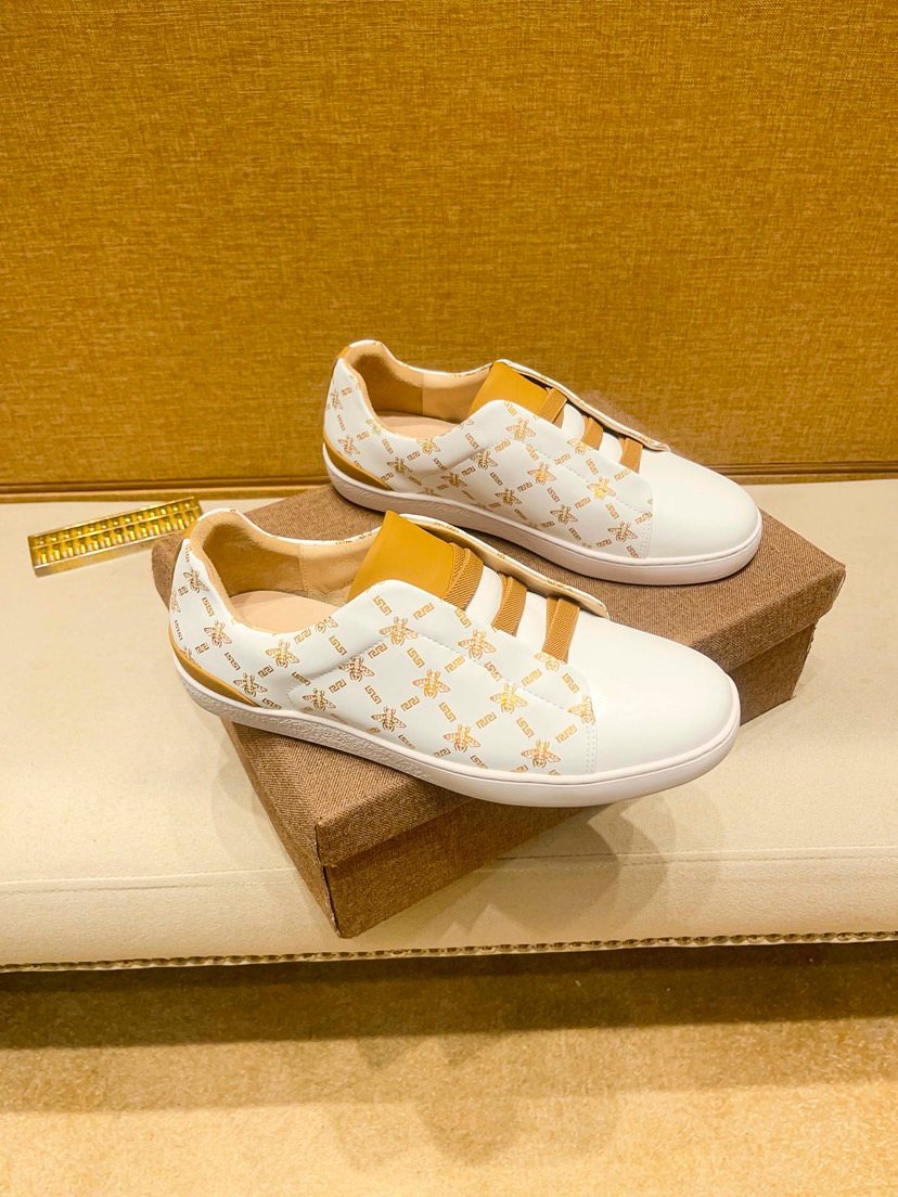 Beige Patterned Gold Stripe Low-Top Sneakers — front
