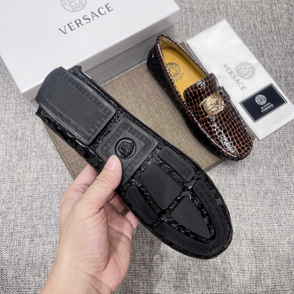 Versace Brown Embossed Medallion Loafers — side