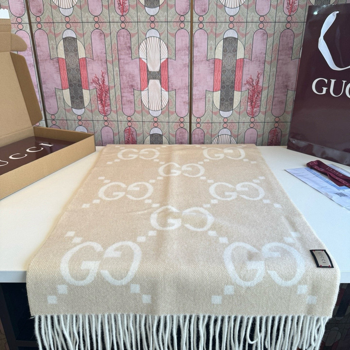 Gucci Beige Cream GG Fringe Scarf — hero