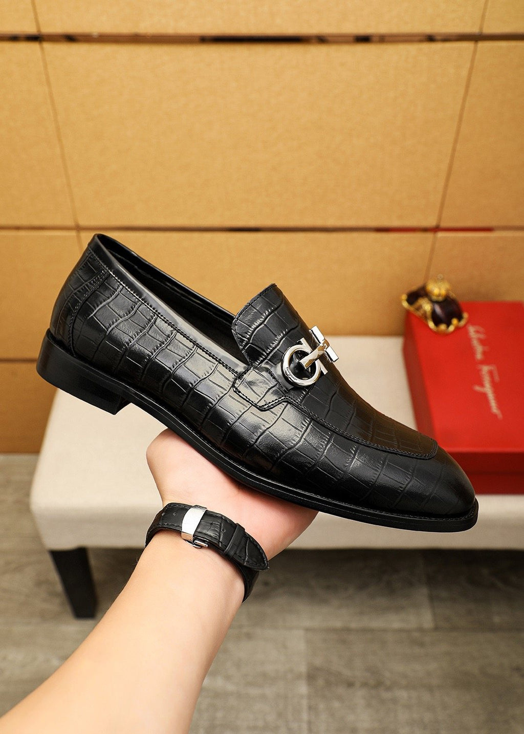 Ferragamo Black Embossed Buckle Loafers — model