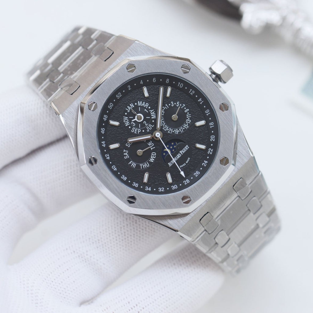 Audemars Piguet Silver Black Dial Bracelet Watch — front