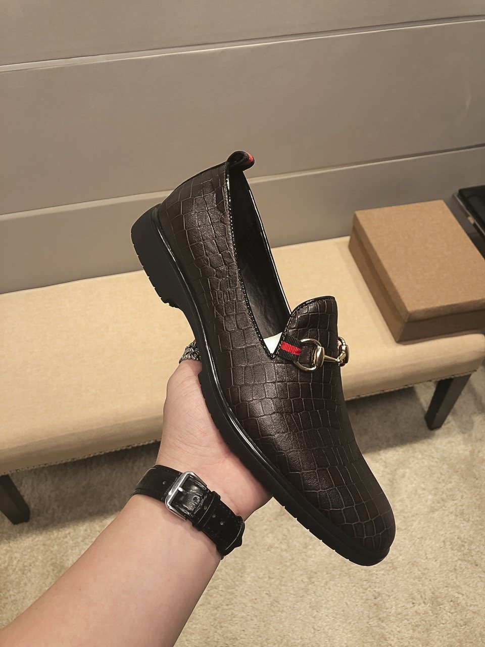 Gucci Black Embossed Horsebit Loafers — side