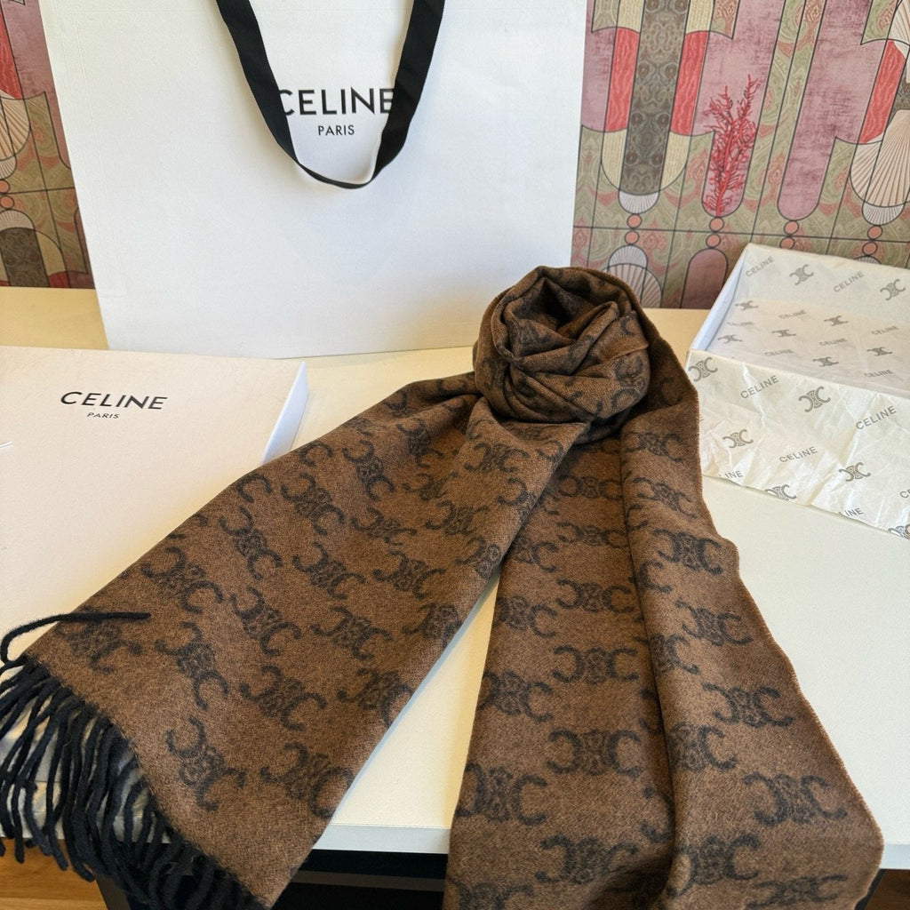 CELINE Brown Monogram Fringed Scarf — front