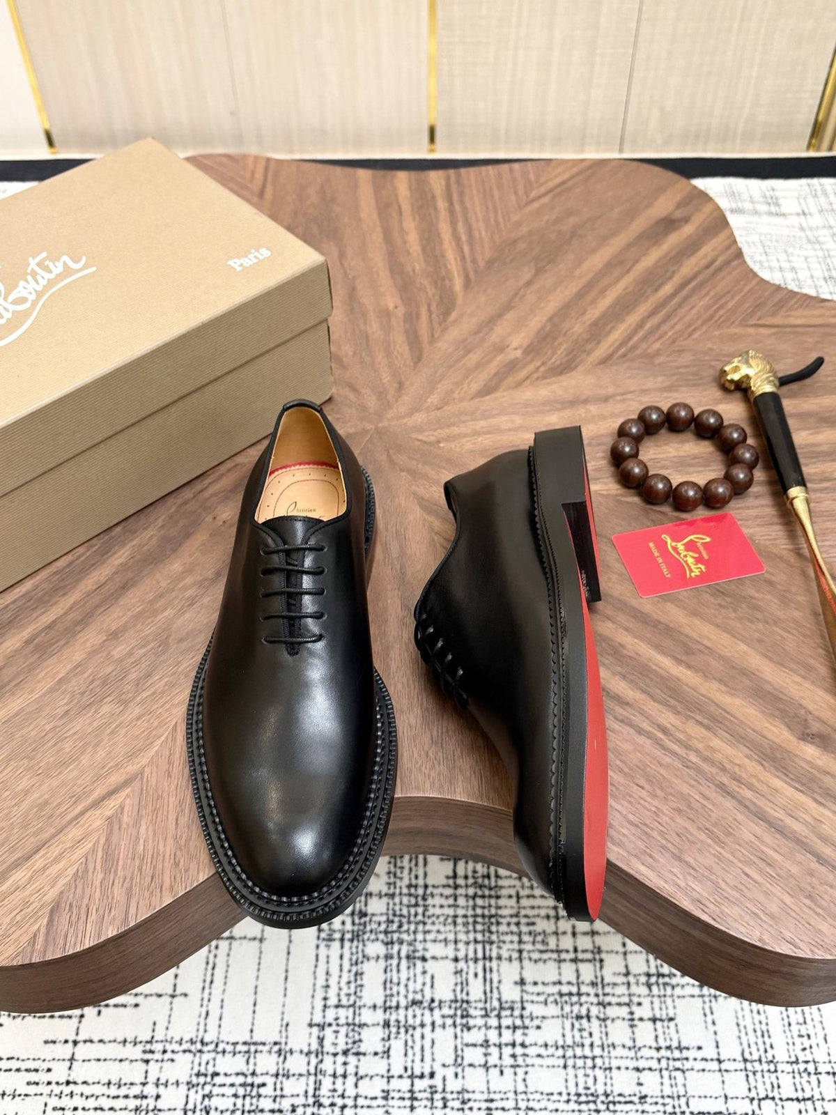 Black Lace-Up Dress Shoes with Red Outsole — front